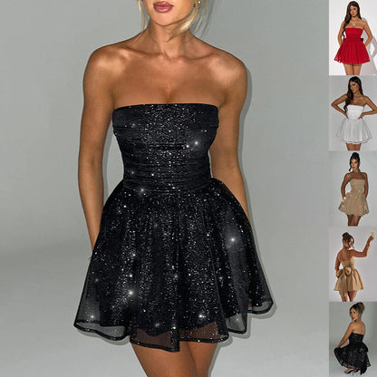 Women's Tube Top Lace Dress – Back Bow Knot & Mesh Stitching Off-neck Summer Fashion Short Skirt