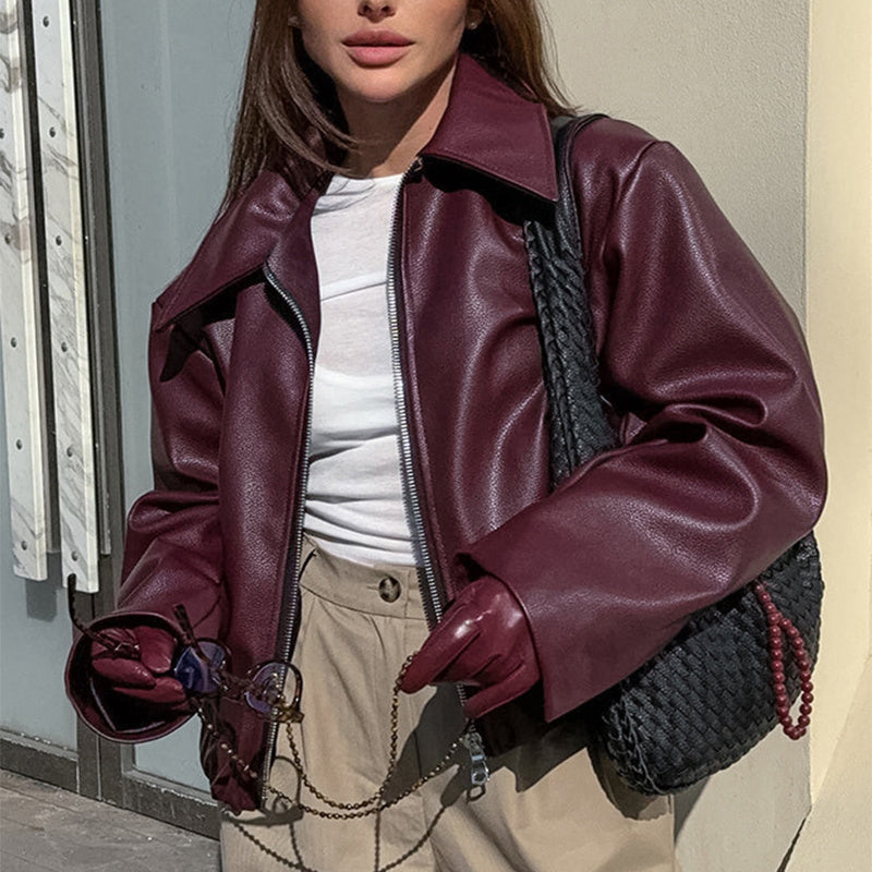 Women's Solid Color Lapel Zipper Jacket – Casual Long Sleeve Leather Coat for Fashionable Outerwear