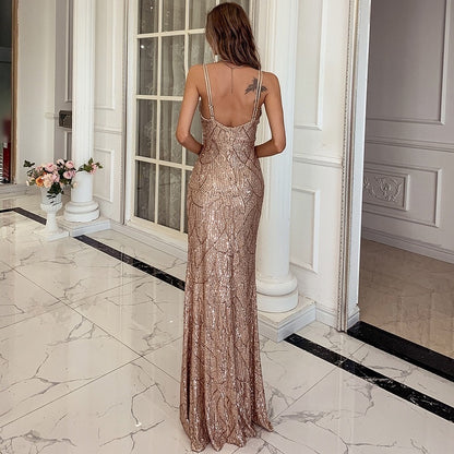 Women's V-neck Sequin Spaghetti Strap Maxi Dress – Elegant Party Dress for Special Occasions