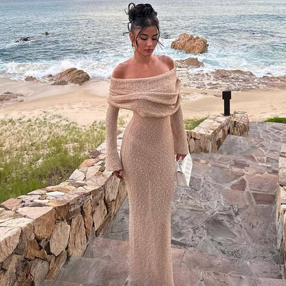 Women's One-Shoulder Knitted Dress – Sexy Long-Sleeved Beach & Holiday Dress for Vacation Style