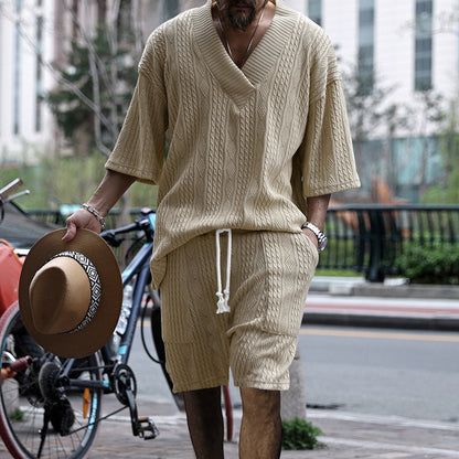 Casual Jacquard Suit Summer V-neck T-shirt & Drawstring Pocket Shorts – Fashion 2pcs Set for Men