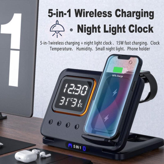 15W Wireless Charging Stand – 5-in-1 LED Digital Alarm Clock, Fast Charging Dock Station for Phones & Devices