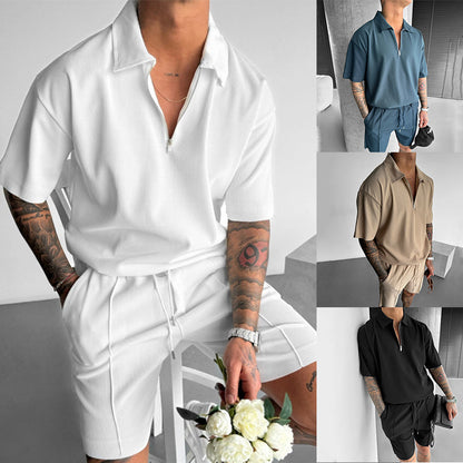 Summer Fashion Men's Clothing Set, Zipper Polo & Casual Shorts, Short Sleeve Drawstring Shorts Suit for Men