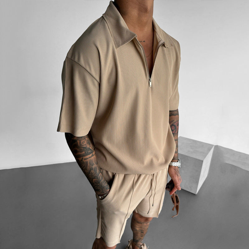 Summer Fashion Men's Clothing Set, Zipper Polo & Casual Shorts, Short Sleeve Drawstring Shorts Suit for Men