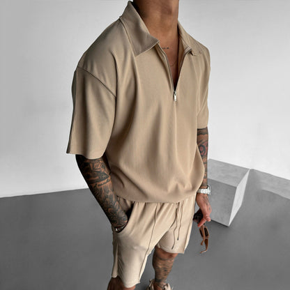 Summer Fashion Men's Clothing Set, Zipper Polo & Casual Shorts, Short Sleeve Drawstring Shorts Suit for Men