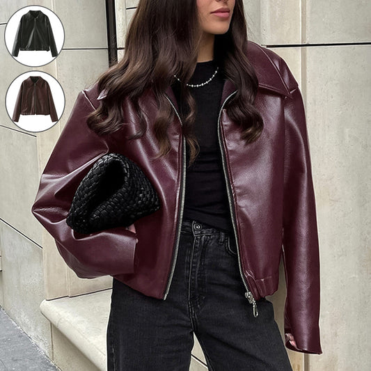 Women's Solid Color Lapel Zipper Jacket – Casual Long Sleeve Leather Coat for Fashionable Outerwear