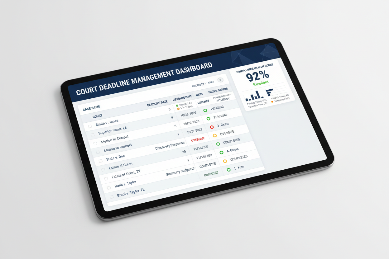 Court Deadline Management Dashboard - Tablet Flat Lay