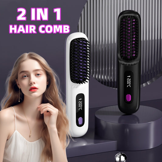 Portable 2-in-1 Wireless Hair Straightener & Hot Curler – Fast Heating, USB Charging, for Sleek Hair Styling