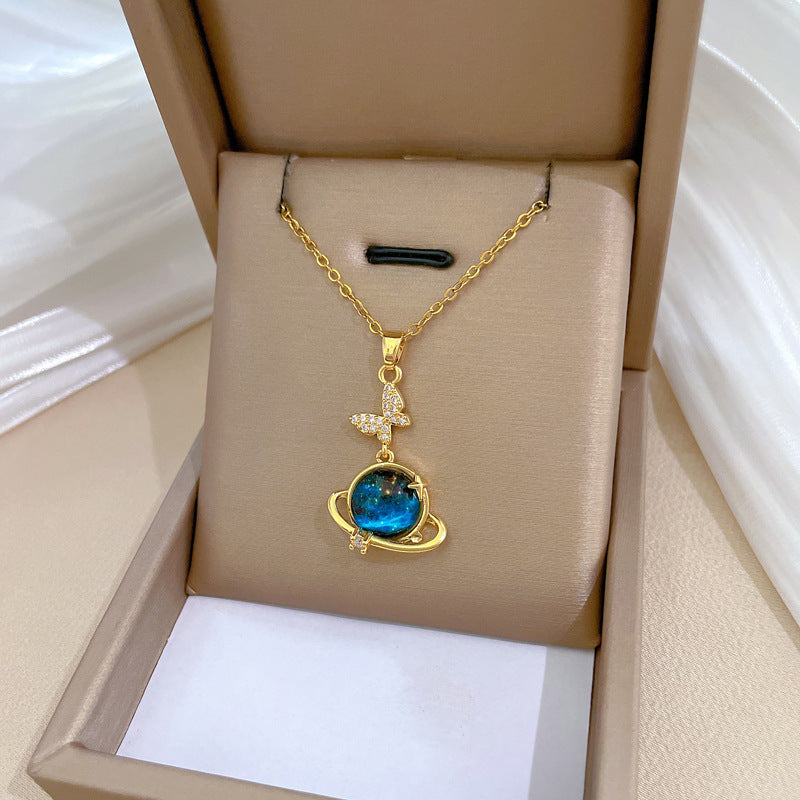 Stainless Steel Starry Sky Planet Astronaut Necklace for Women – Light Luxurious Temperament Star Metal Chain Jewelry Gift