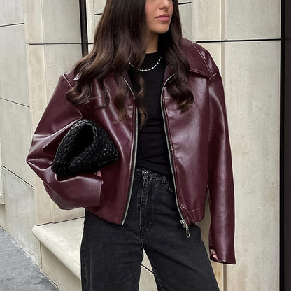 Women's Solid Color Lapel Zipper Jacket – Casual Long Sleeve Leather Coat for Fashionable Outerwear
