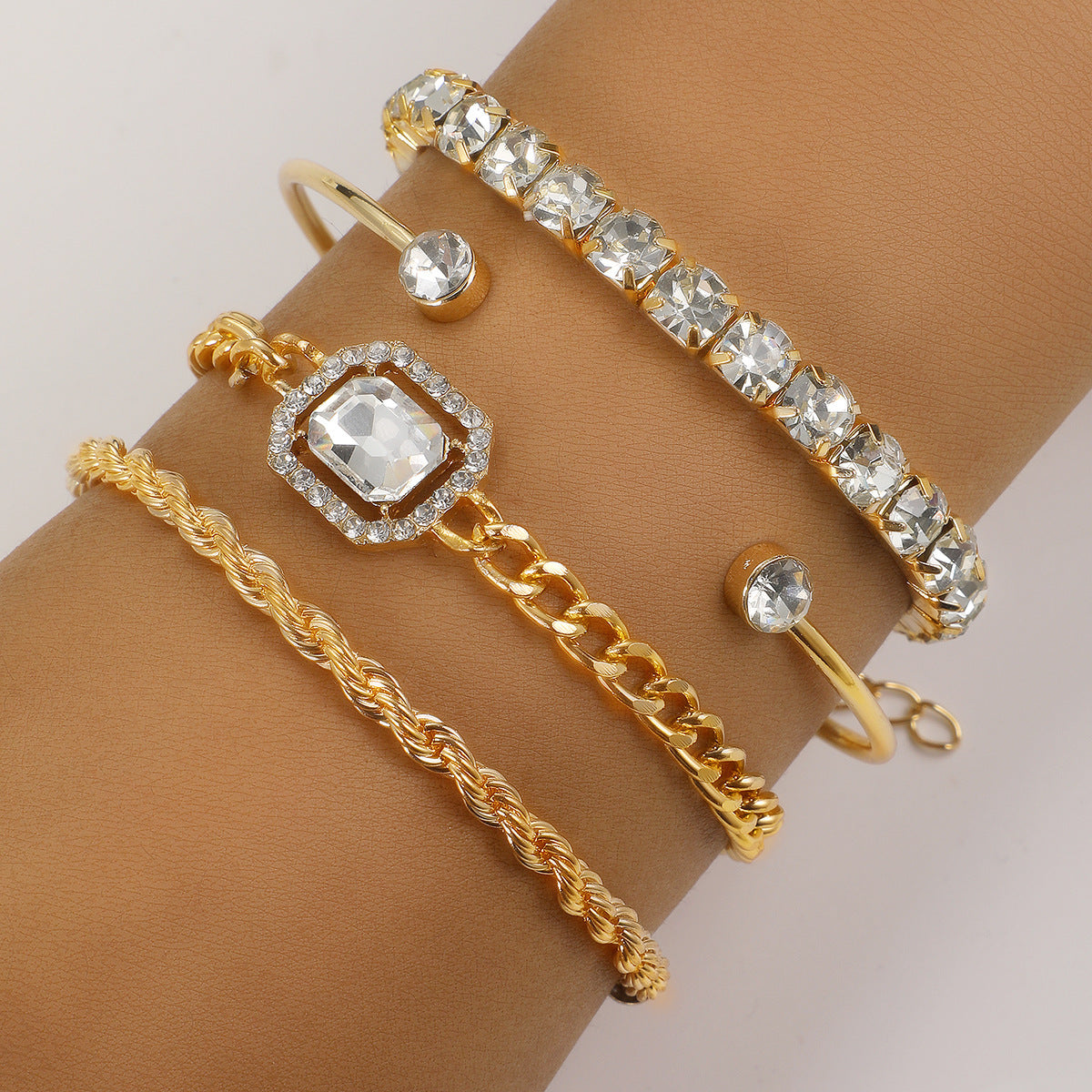 4-Piece Crystal Bracelet Set - Bohemian Design with Twisted Cuff, Vintage Luxury Armband Jewelry for Women