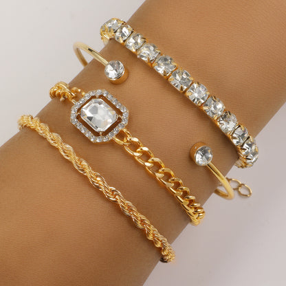 4-Piece Crystal Bracelet Set - Bohemian Design with Twisted Cuff, Vintage Luxury Armband Jewelry for Women