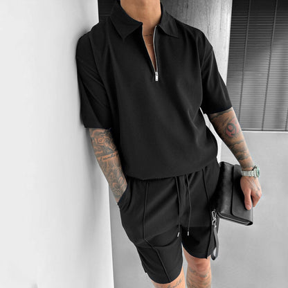 Summer Fashion Men's Clothing Set, Zipper Polo & Casual Shorts, Short Sleeve Drawstring Shorts Suit for Men