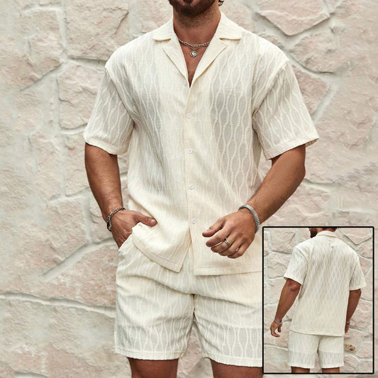 Men’s Fashionable Tracksuit Set – Solid Color Loose Casual Two-Piece Lapel Button Shirt & Shorts for Beach Holiday