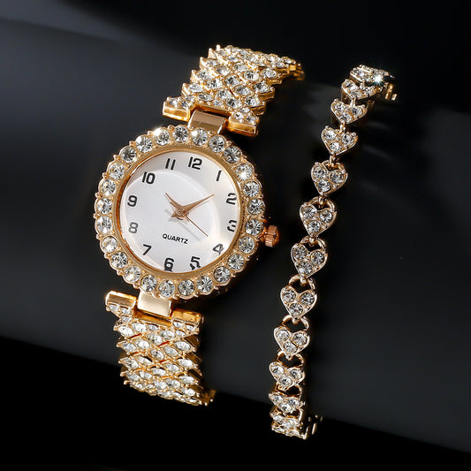 2-Piece Luxury Fashion Jewelry Set - Silver Strap Women's Watch and Alloy Bracelet Wristwatch Gift for Ladies