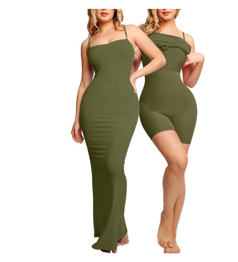 Women's Shapewear Bodysuit Dress – Tummy Control Jumpsuit with Chest Pad & Open Crotch Corset Design