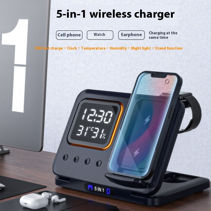 15W Wireless Charging Stand – 5-in-1 LED Digital Alarm Clock, Fast Charging Dock Station for Phones & Devices