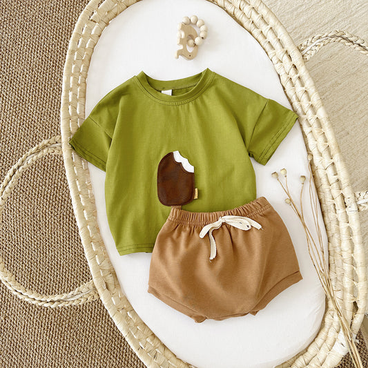 Girls' Casual Round Neck Cotton Ice Cream Patch Short Sleeve T-Shirt and Shorts Suit – Kids' Summer Outfit Set
