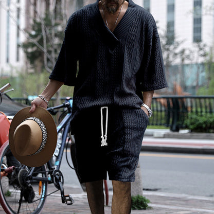 Casual Jacquard Suit Summer V-neck T-shirt & Drawstring Pocket Shorts – Fashion 2pcs Set for Men