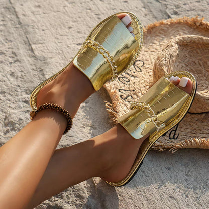 Pattern Chain Flat Sandals – Women’s Fish Mouth Summer Slides for Casual Vacation & Beach Wear