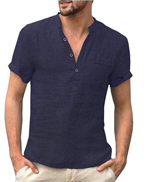Casual Linen Solid Color V-Neck Shirt for Men, Summer Button Beach Shirt