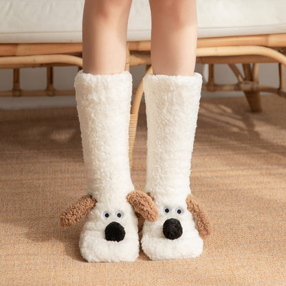 Women's Cute Cartoon Dog Floor Socks – Warm Plush Non-Slip Winter Socks for Cozy Comfort