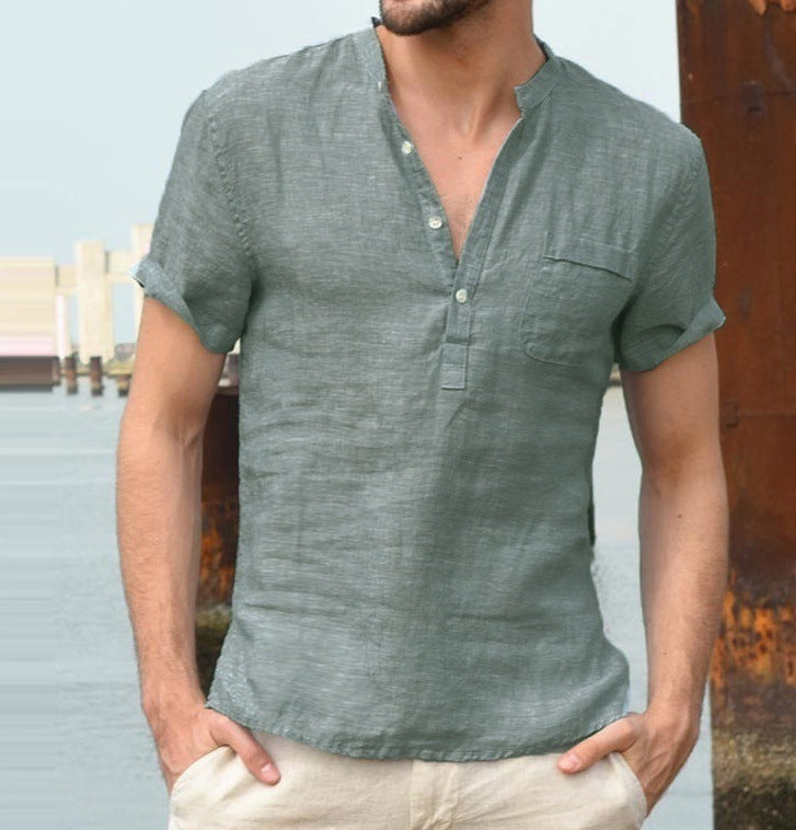Casual Linen Solid Color V-Neck Shirt for Men, Summer Button Beach Shirt