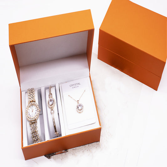 3-Piece Rhinestone Watch Set - Includes Bracelet and Necklace, Elegant Jewelry Set for Women