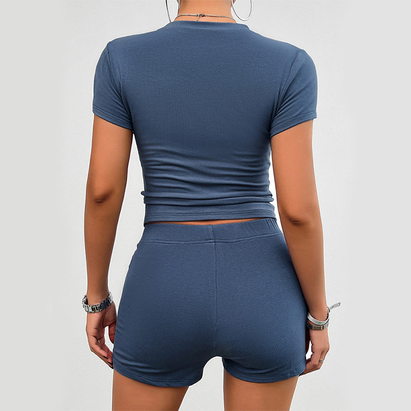 2-Piece Women's Slim Fit Sports Set – Short Sleeve T-Shirt & Elastic Shorts Summer Workout Outfit