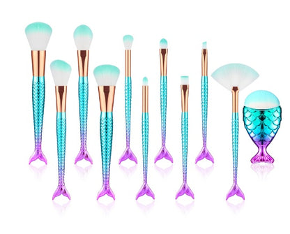 11-Piece Mermaid Makeup Brushes Kit – Foundation, Eyebrow, Eyeliner Brushes for Cosmetics