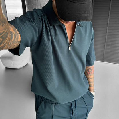 Summer Fashion Men's Clothing Set, Zipper Polo & Casual Shorts, Short Sleeve Drawstring Shorts Suit for Men
