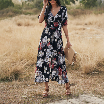 Floral Summer Beach Dress – V-Neck Elastic Waist Dresses for Women