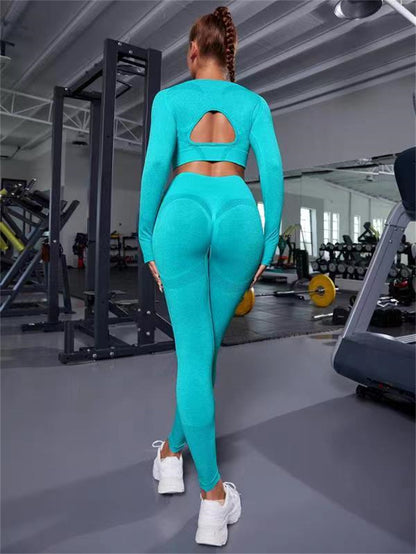 Women’s 2-Piece Sports Suit – Long Sleeve Hollow Design Top and Butt Lifting High Waist Leggings