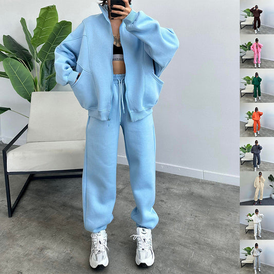 Women's Jogger Tracksuit Set – Zipper Cardigan with Stand Collar & Drawstring Pants with Pockets