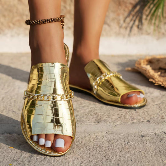 Pattern Chain Flat Sandals – Women’s Fish Mouth Summer Slides for Casual Vacation & Beach Wear