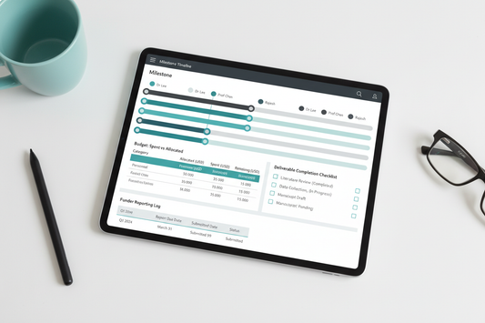 Research Project Management Tracker - Tablet Flat Lay